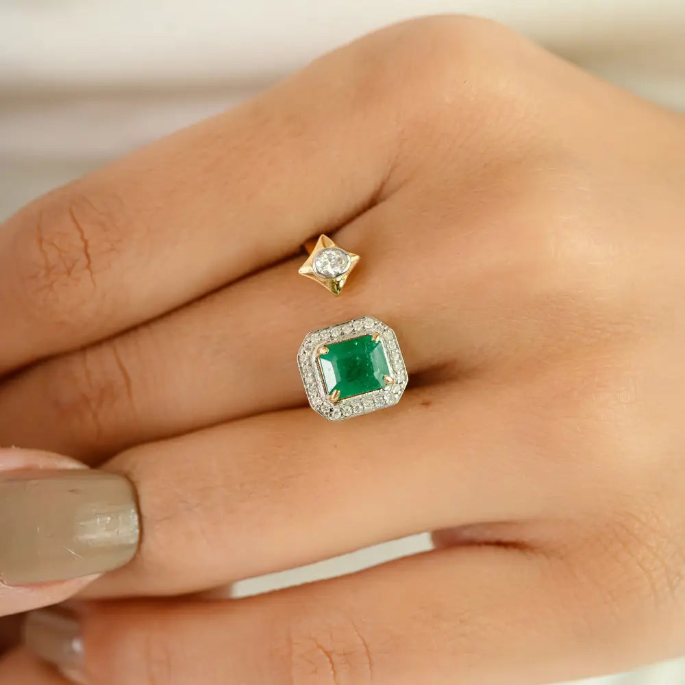 Real K18 Yellow Gold Zambian Emerald & Diamond Halo Open Ring Unique Design Jewelry