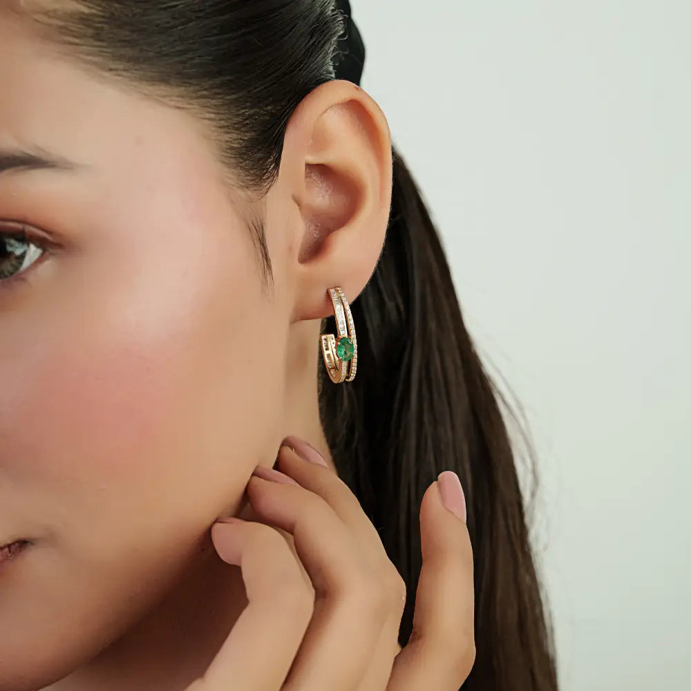 Customized Emerald & Diamond K14 Solid Yellow Gold C Shape Hoop Earrings For Women