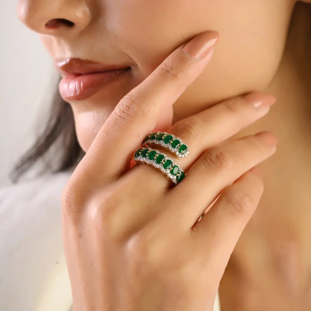 Zambian Emerald & Diamond Fine Bypass Ring 14K Real Yellow Gold Wedding Bridal Jewelry