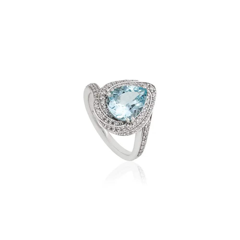 Pear Shape Aquamarine & Diamond Double Halo 18K White Gold Cocktail Ring Custom Jewelry