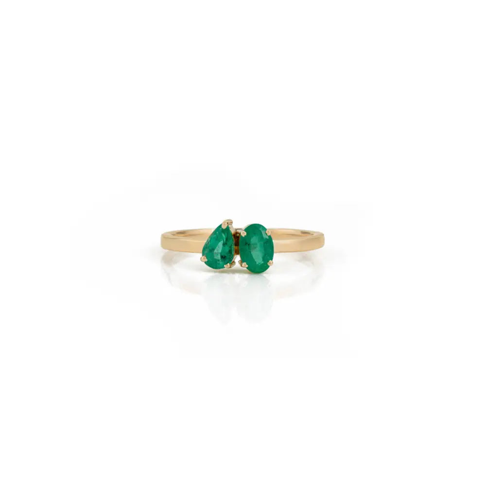 Stunning 14K Yellow Gold Real Emerald Gemstone Toi et Moi Ring Simple Everyday Wear Jewelry