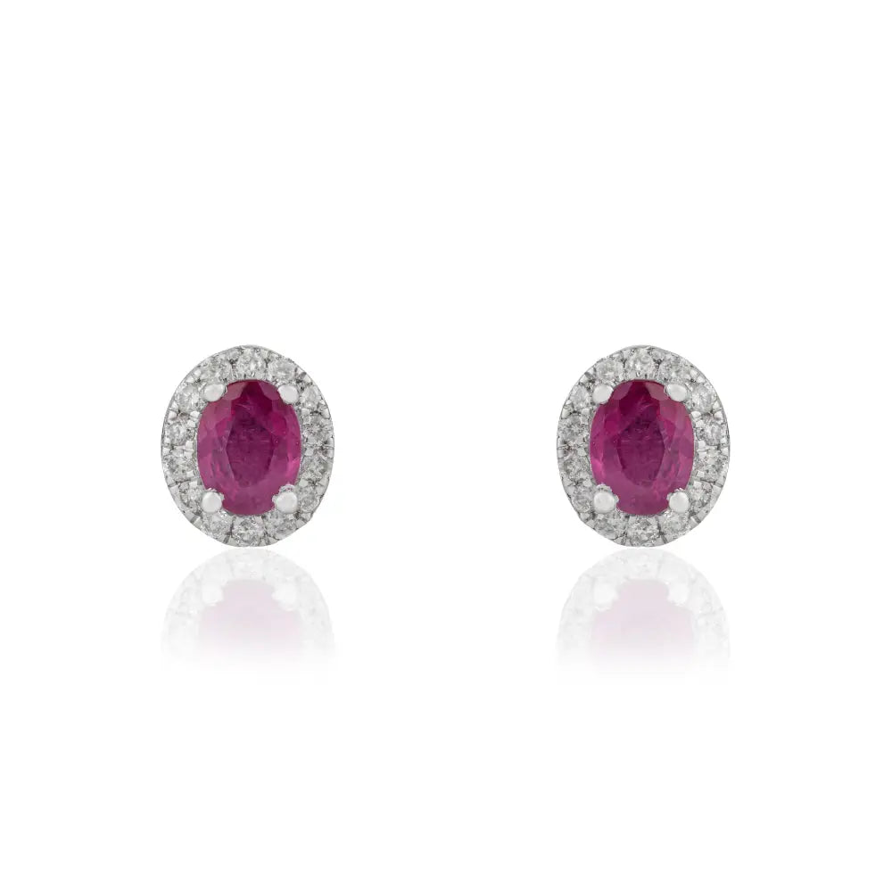 Oval Shape Ruby & Round Cut Diamond Real K18 White Gold Halo Stud Earrings Minimal Jewelry