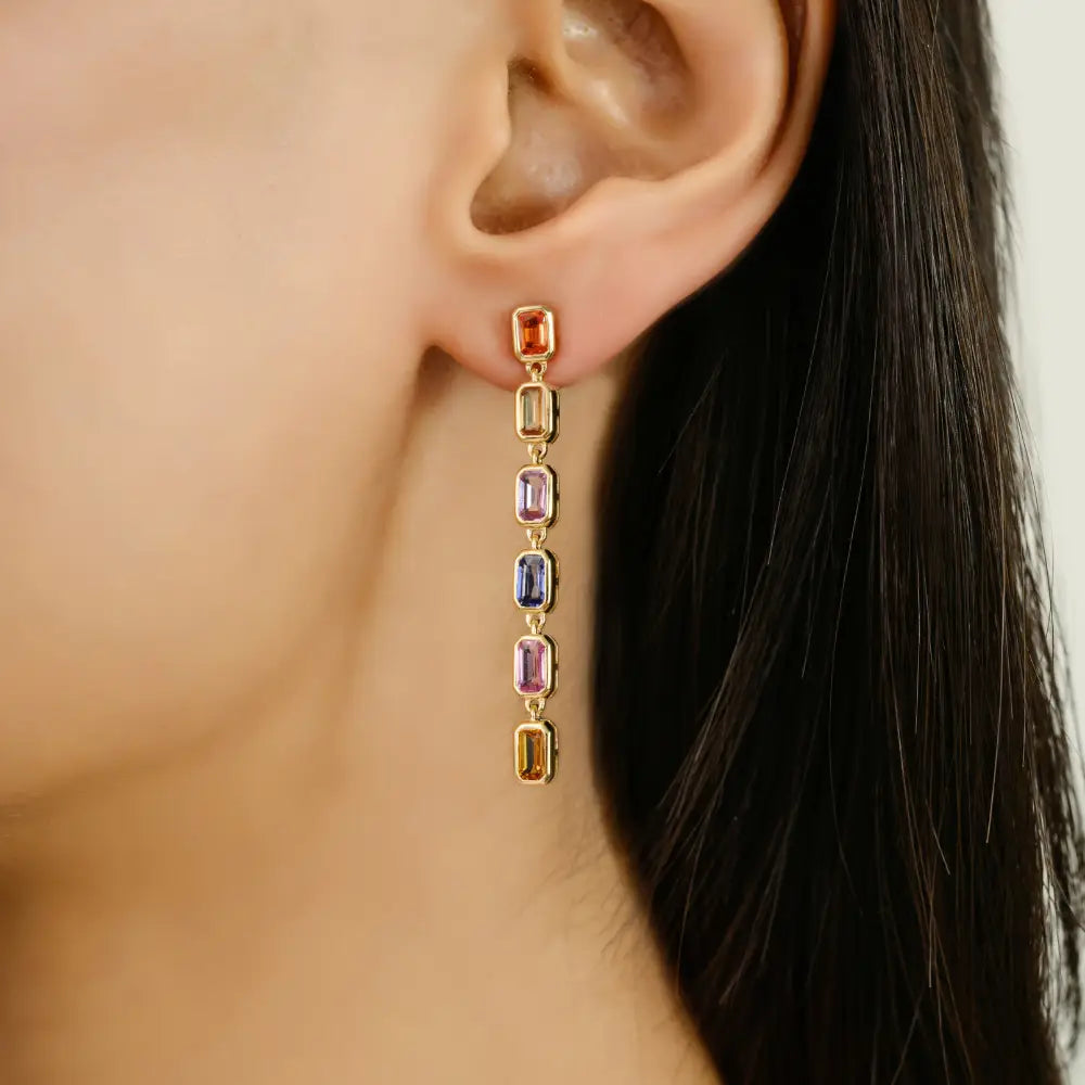 Rainbow Colorful Multi Sapphire Pure 14K Yellow Gold Long Dangling Earrings Trending Jewelry