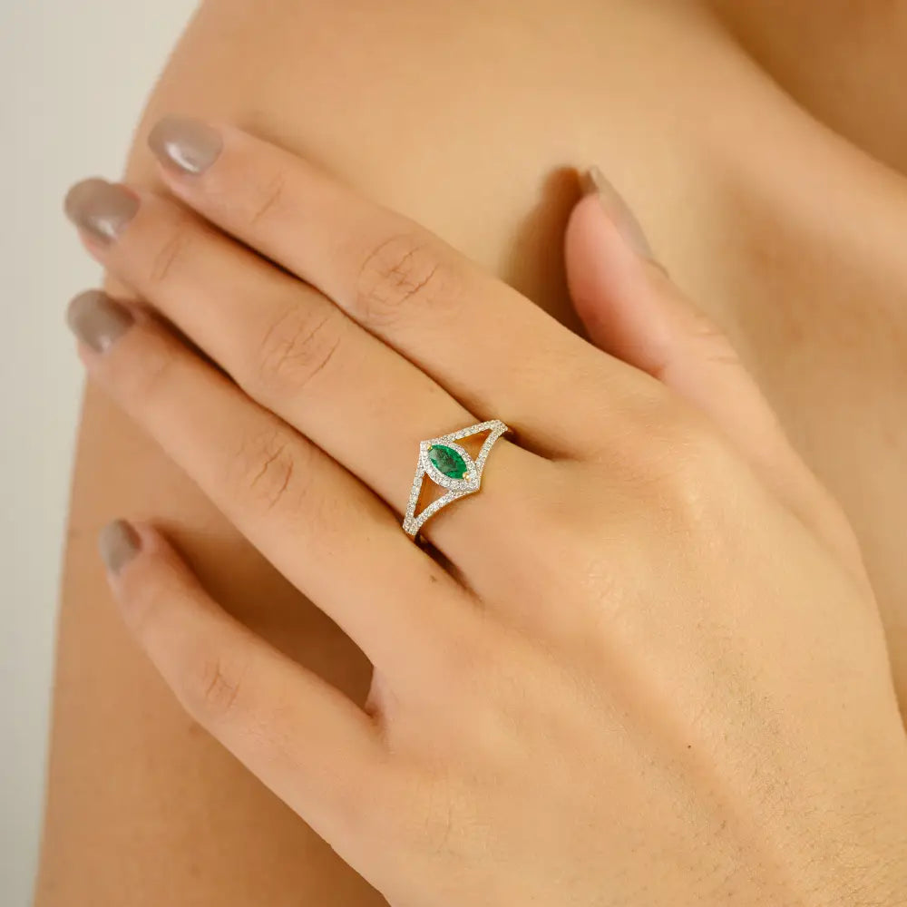 Marquise Cut Emerald & Diamond 18K Yellow Gold Split Shank Stackable Ring Handmade Jewelry