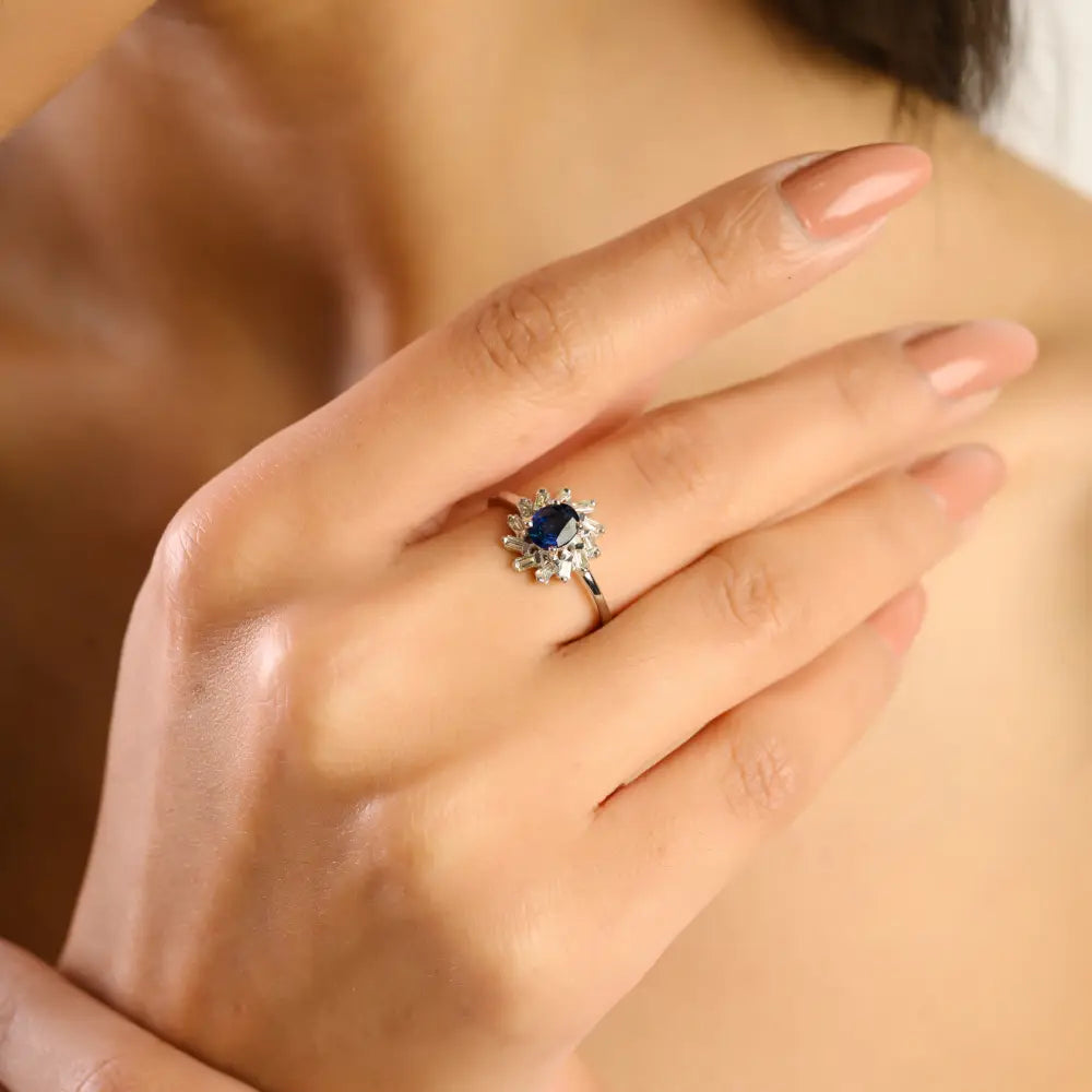 Elegant Design Blue Sapphire & Diamond 14K Real White Gold Cluster Engagement Ring