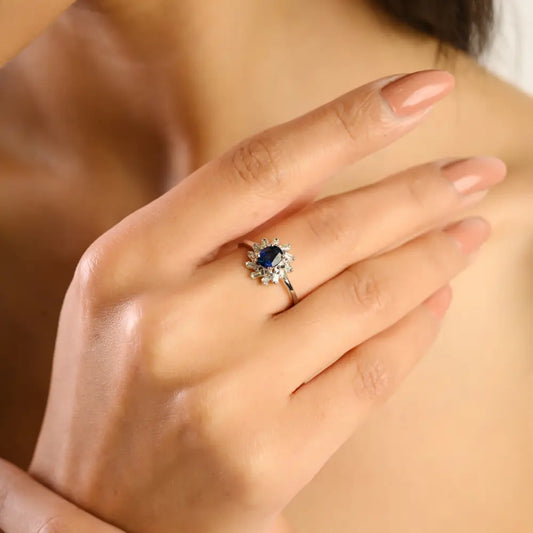 Elegant Design Blue Sapphire & Diamond 14K Real White Gold Cluster Engagement Ring
