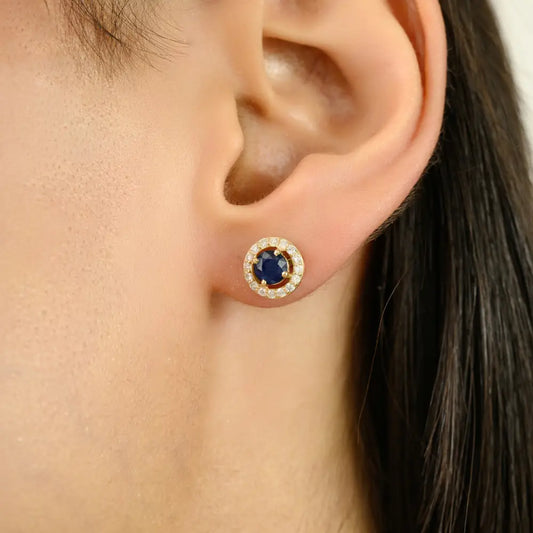 Simple Design 14K Solid Gold Blue Sapphire & Diamond Round Shape Halo Stud Earrings