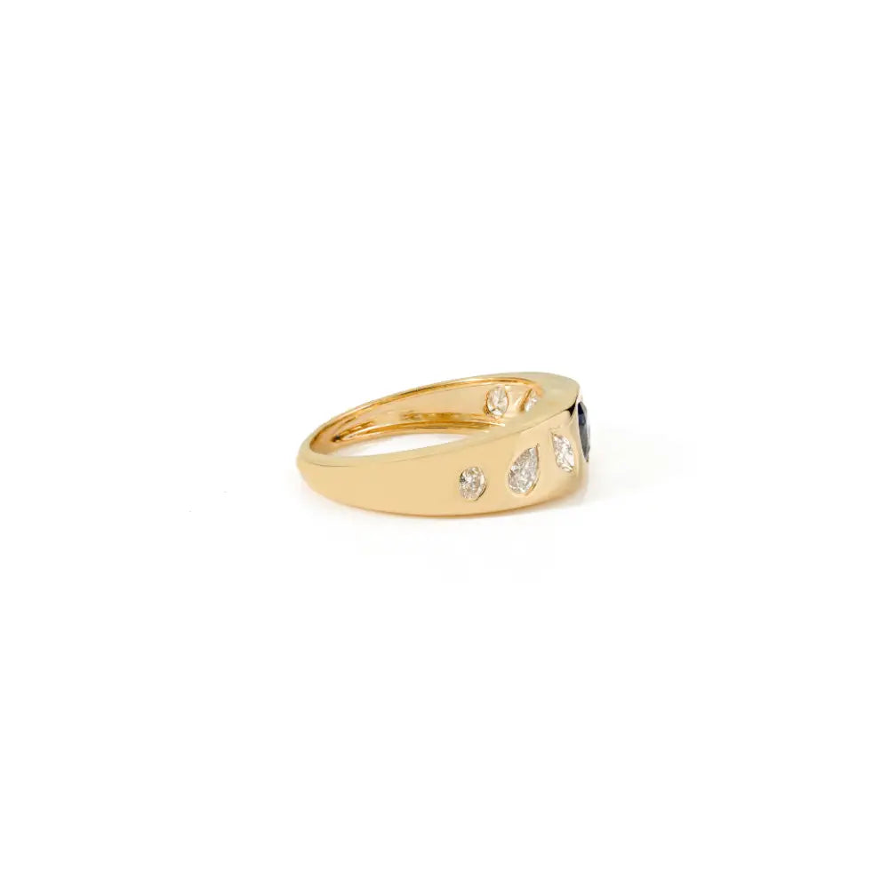 Heart Shape Blue Sapphire & Diamond Gypsy Set Signet Ring Solid K18 Yellow Gold Trendy Jewelry