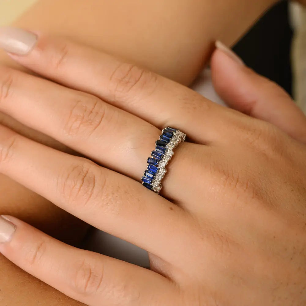 Natural Blue Sapphire & Diamond 18K White Gold Full Eternity Band Ring