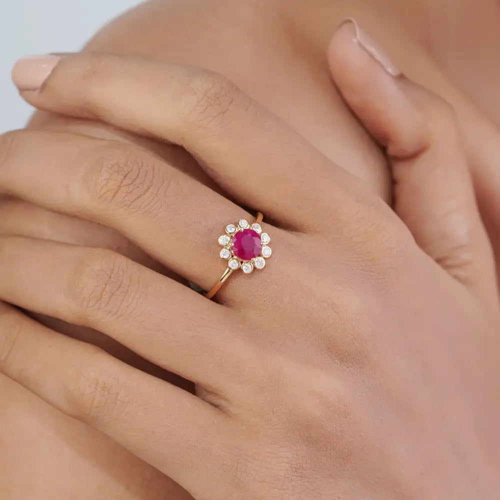 Round Cut Ruby & Diamond Floral Inspired Cluster Ring For Women's 14K Yellow Gold Gift For Her