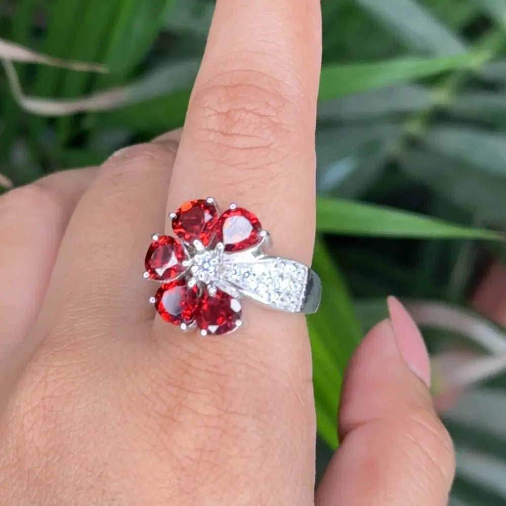 Top Quality Handcrafted Garnet & American Diamond Flower Ring Designer Jewelry