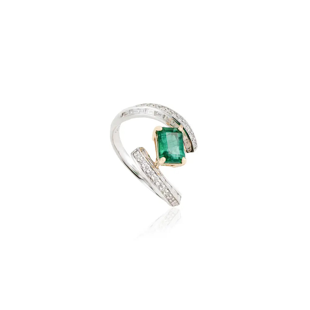 18K Solid Two Tone Gold Zambian Emerald & Diamond Statement Ring Handmade Jewelry