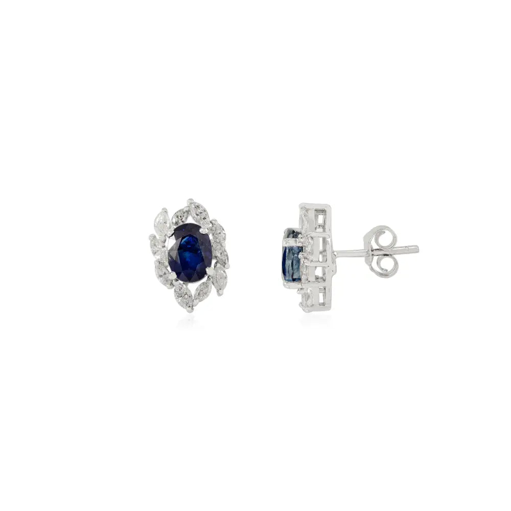 14K Solid Gold Oval Blue Sapphire & Marquise Diamond Designer Stud Earrings For Women