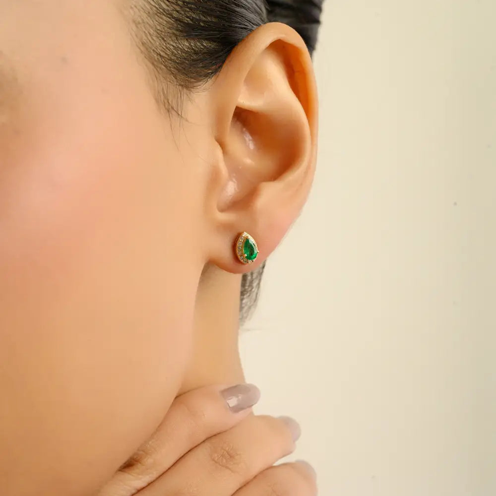 Dainty Daily Wear Emerald & Diamond Halo Stud Earrings Solid K14 Yellow Gold Gift For Her