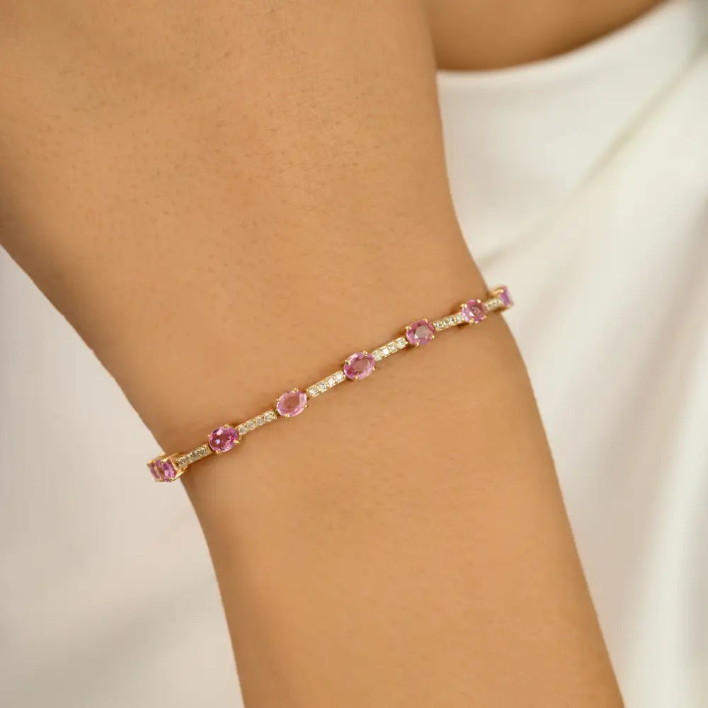 Simple Trending Design K14 Yellow Gold Pink Sapphire & Diamond Sleek Tennis Bracelet