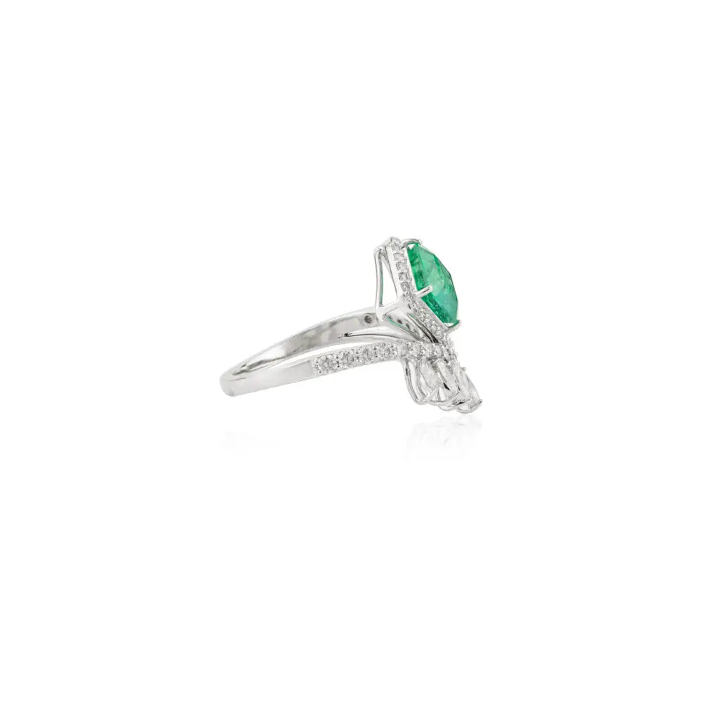 May Birthstone Natural Emerald & Diamond Solid K18 White Gold Designer Ring