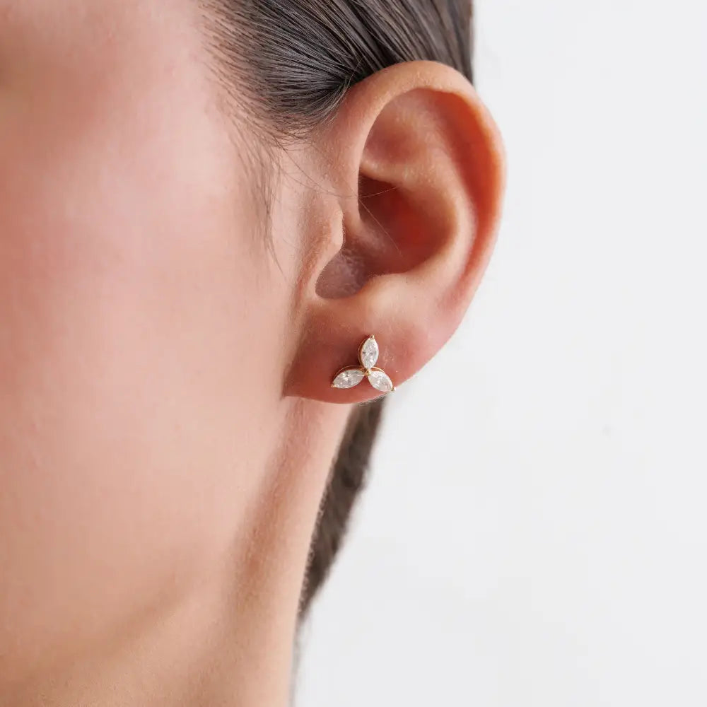 100% Natural Marquise Cut Diamond Trio Stud Earrings For Unisex 14K Yellow Gold Fine Jewelry