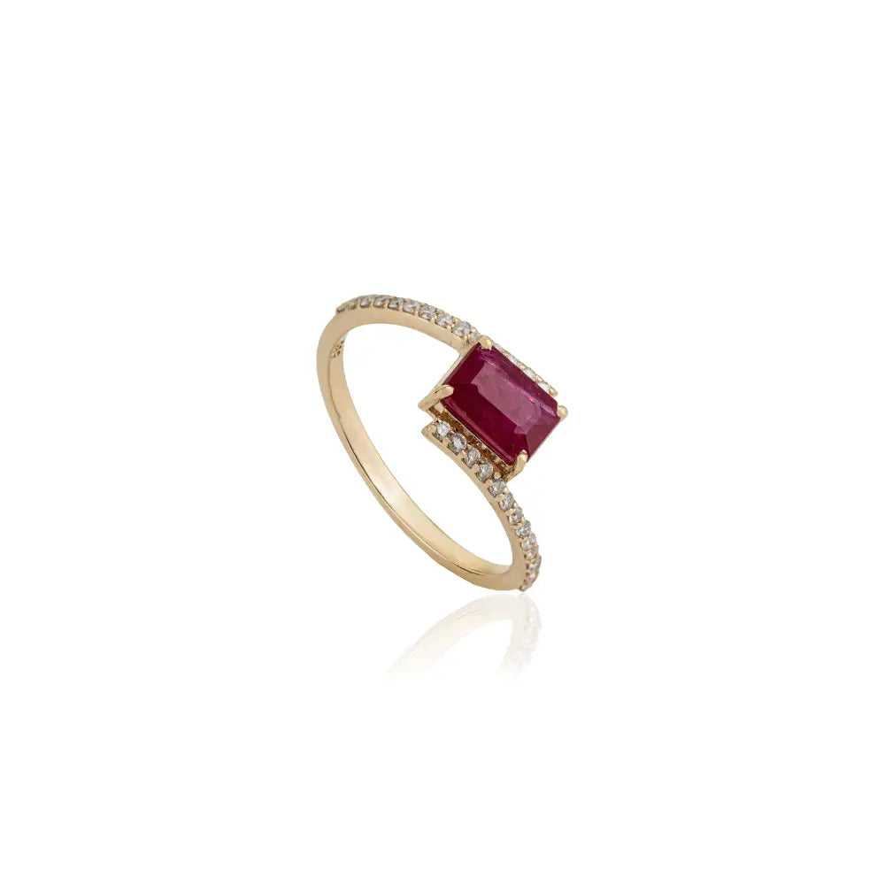 Octagon Cut Ruby & Diamond 14K Solid Yellow Gold Gemstone Ring Women's Wedding Jewelry