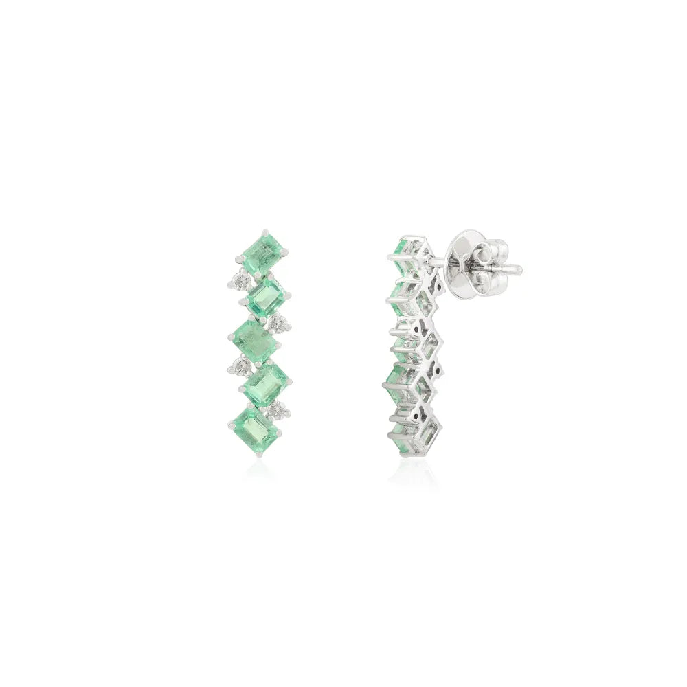 Octagon Emerald & Round Cut Diamond Zig Zag Earrings Solid 14K White Gold Women Jewelry