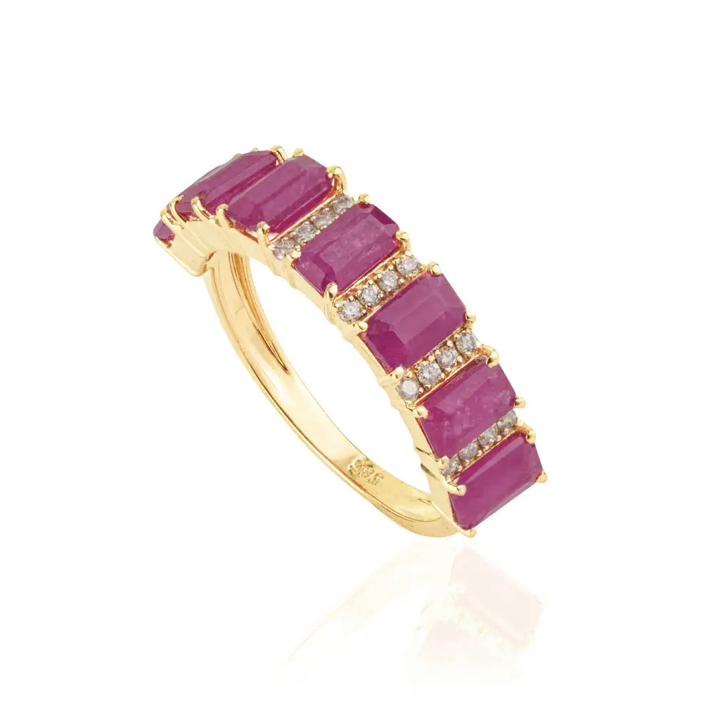 5x3mm Octagon Cut Ruby & Diamond Half Eternity Band Engagement Ring K14 Yellow Gold