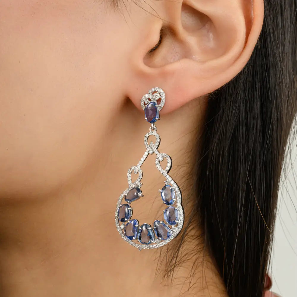 Luxury Jewelry 18K Real Gold Natural Sapphire & Diamond Chandelier Earrings