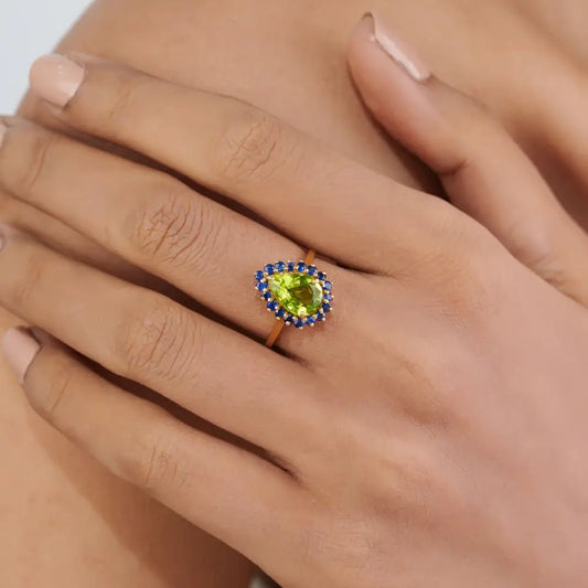 100% Natural Blue Sapphire & Peridot Real 18K Yellow Gold Pear Shape Cluster Ring