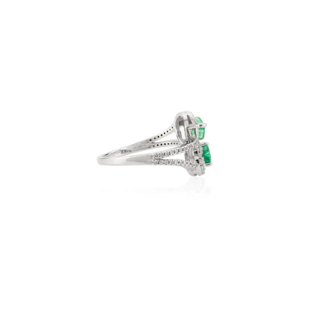 Heart Shape Emerald & Round Diamond Solid 18K White Gold Bypass Ring