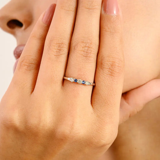 Round Cut Blue Sapphire & Diamond Minimalist Ring 14K White Gold Light Weight Jewelry