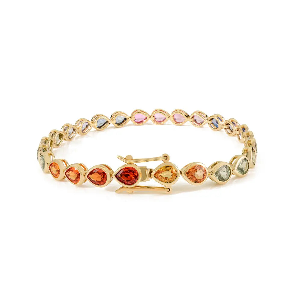 Pear Shape Multi Sapphire Trending 14K Yellow Gold Stackable Tennis Bracelet Bezel Setting