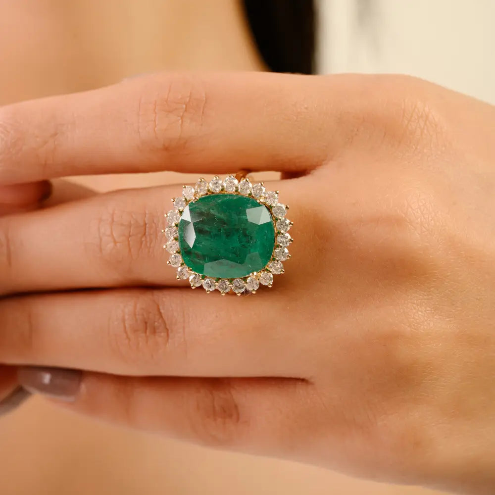 100% Natural Cushion Cut Emerald & Diamond K14 Yellow Gold Halo Cluster Ring Trending Jewelry
