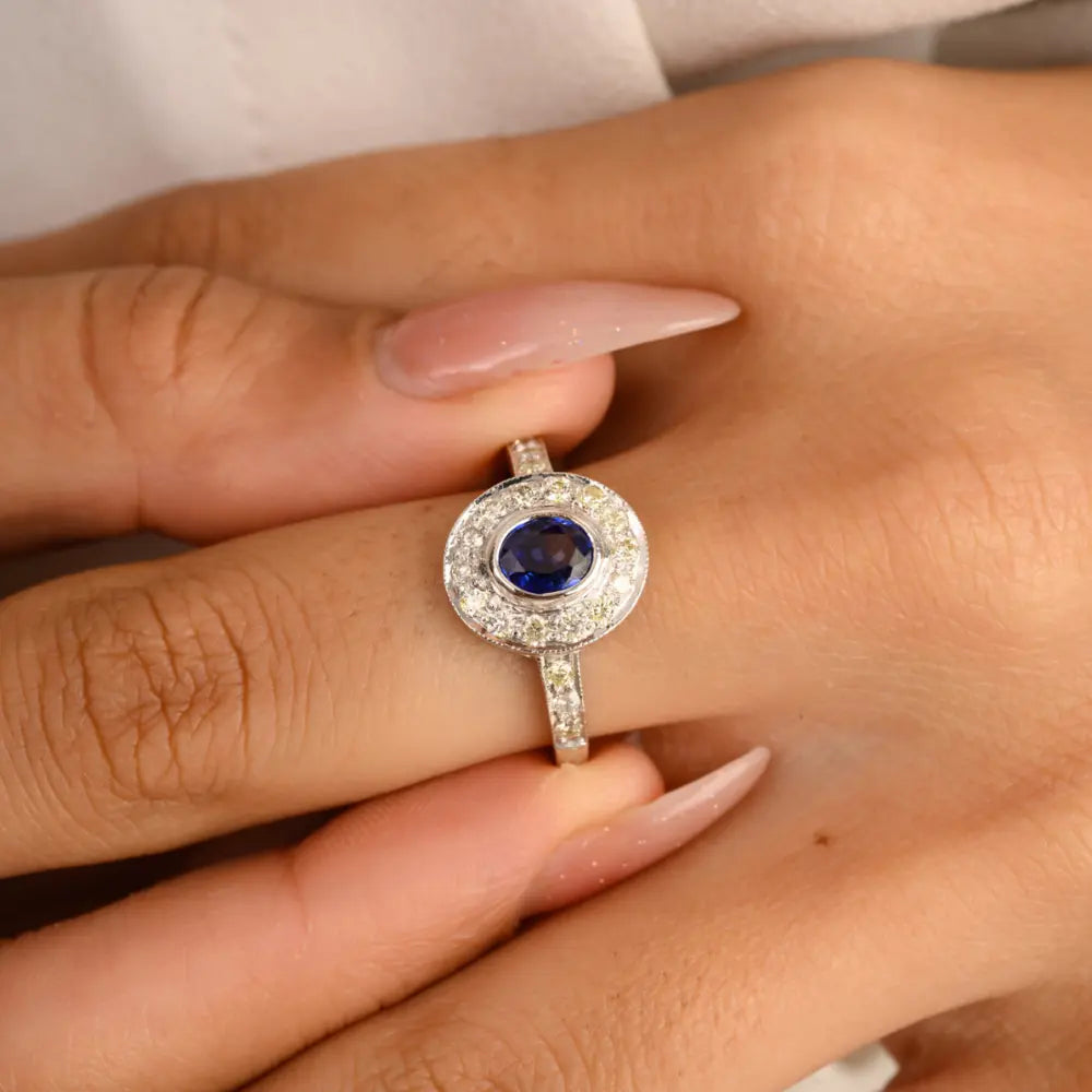 Precious Gemstone Jewelry 14K Solid White Gold Sapphire & Diamond Halo Ring