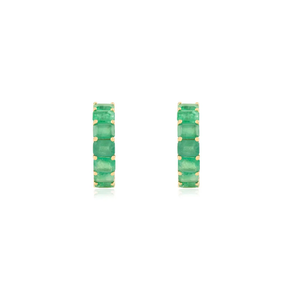 Zambian Emerald Octagon Cut Women's Hoop Earrings Real K14 Yellow Gold Handmade Jewelry