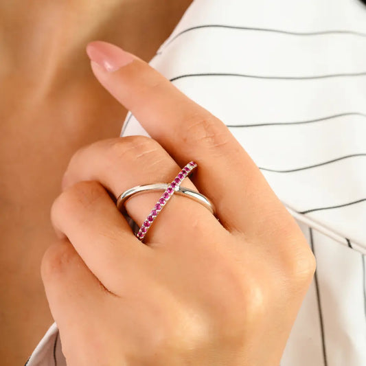 Statement Fine Jewelry Round Cut Ruby & Diamond 14K White Gold Criss-Cross Ring