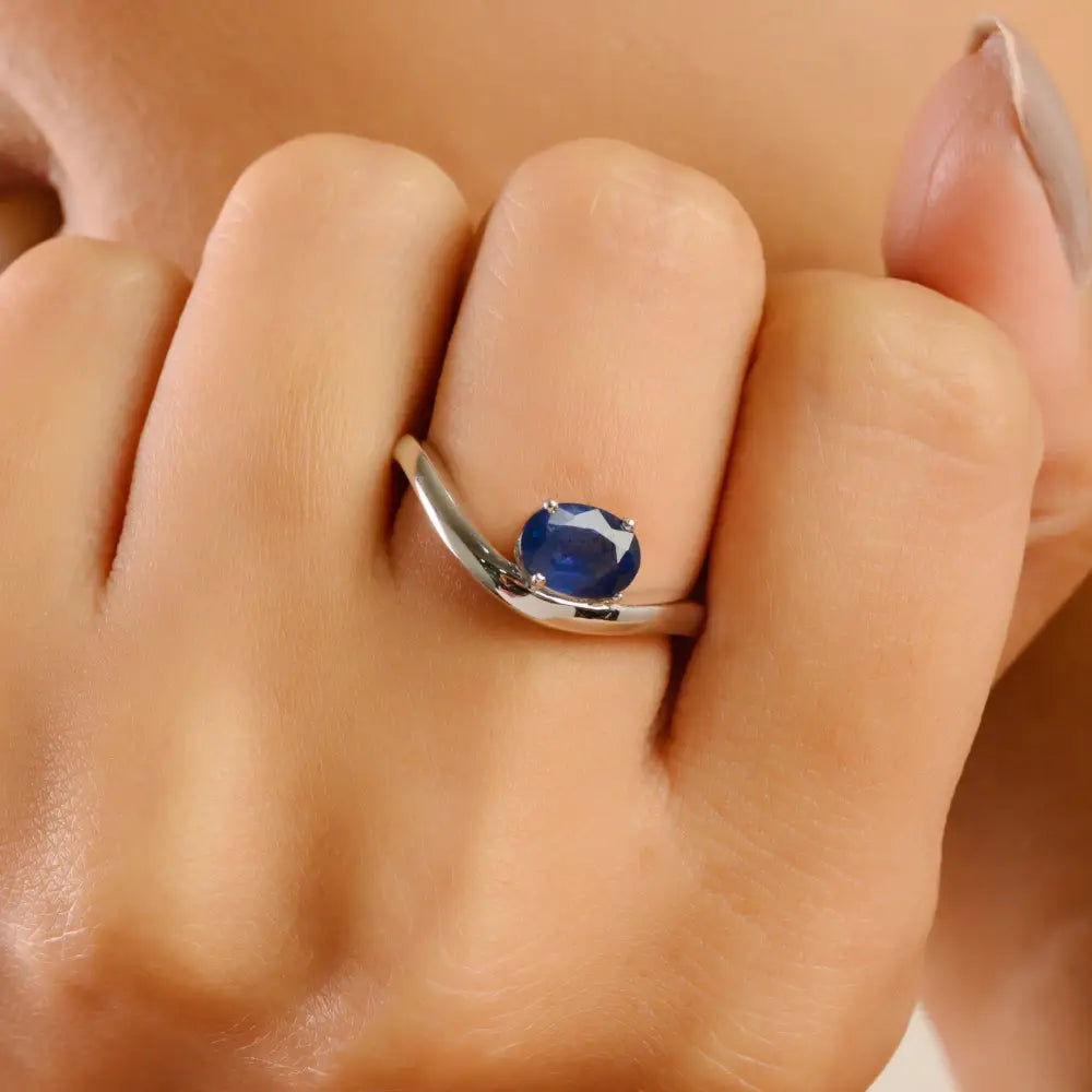 Customized Wholesale Blue Sapphire Wavy Band Ring 14K Solid White Gold Everyday Jewelry