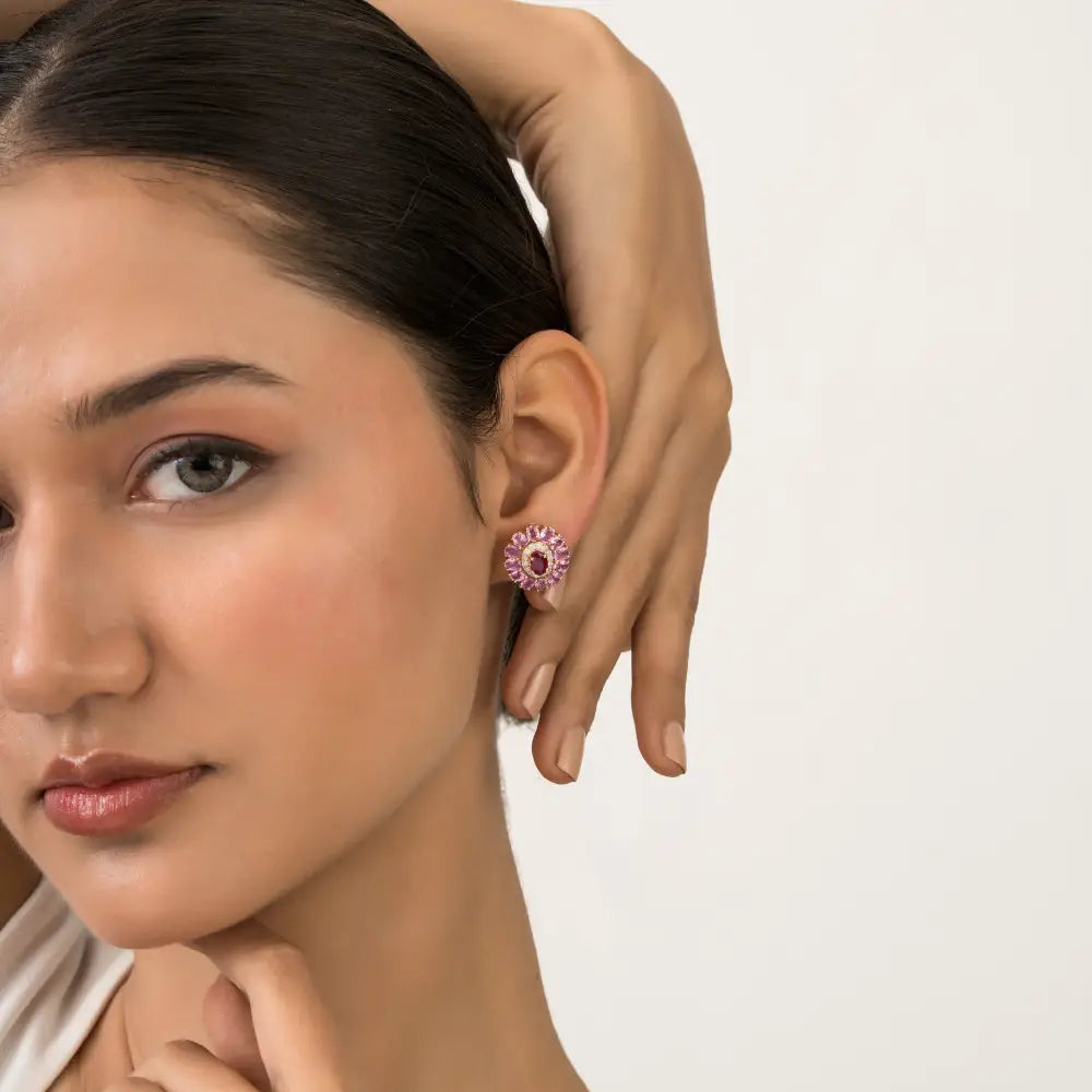 Ruby Pink Sapphire & Diamond Statement Floral Shape Halo Stud Earrings 14K Pure Yellow Gold