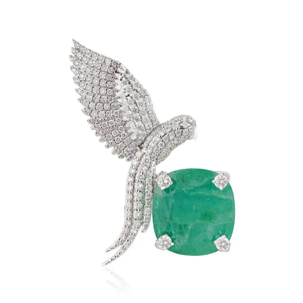 Nature Inspired Zambian Emerald & Diamond 14K White Gold Flying Bird Brooch For Wedding