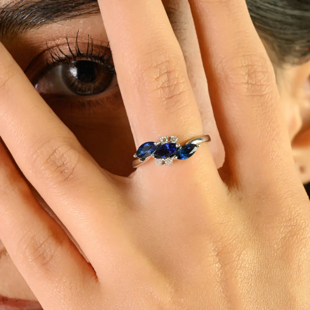Latest Design 14K White Gold Blue Sapphire & Diamond Fine Three Stone Ring Elegant Jewelry
