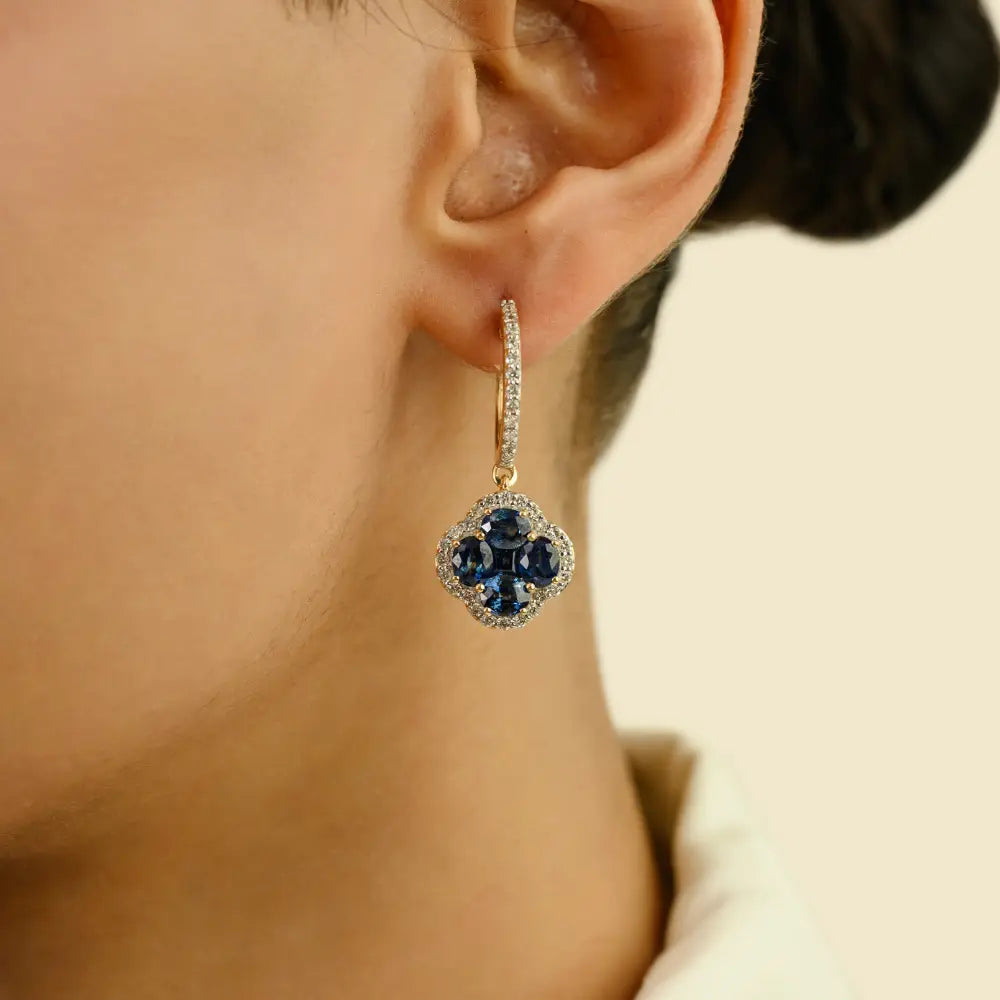 4.55 Ct. Blue Sapphire Gemstone & Diamond Clover Hoop Charm Drop Earrings 14K Gold
