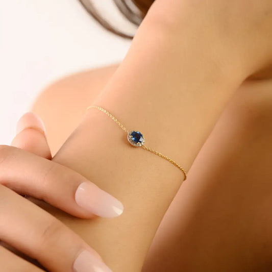 Good Quality Blue Sapphire & Diamond Solitaire Halo Gemstone Bracelet 14K Yellow Gold Jewelry