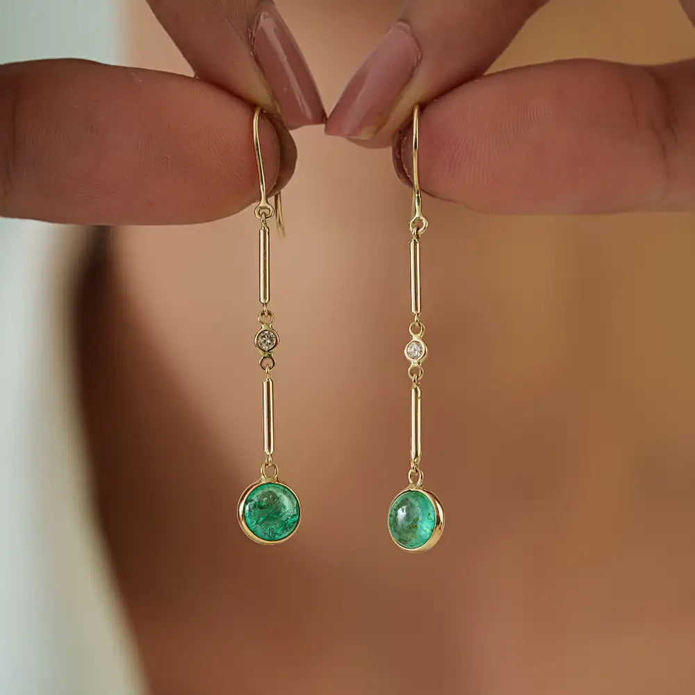 Simple Dainty Emerald & Diamond Dangle Earrings Solid K14 Yellow Gold Handmade Jewelry