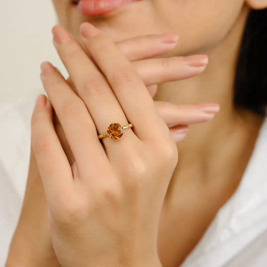 Citrine Round Cut Gemstone Ring November Birthstone 14K Yellow Solid Gold