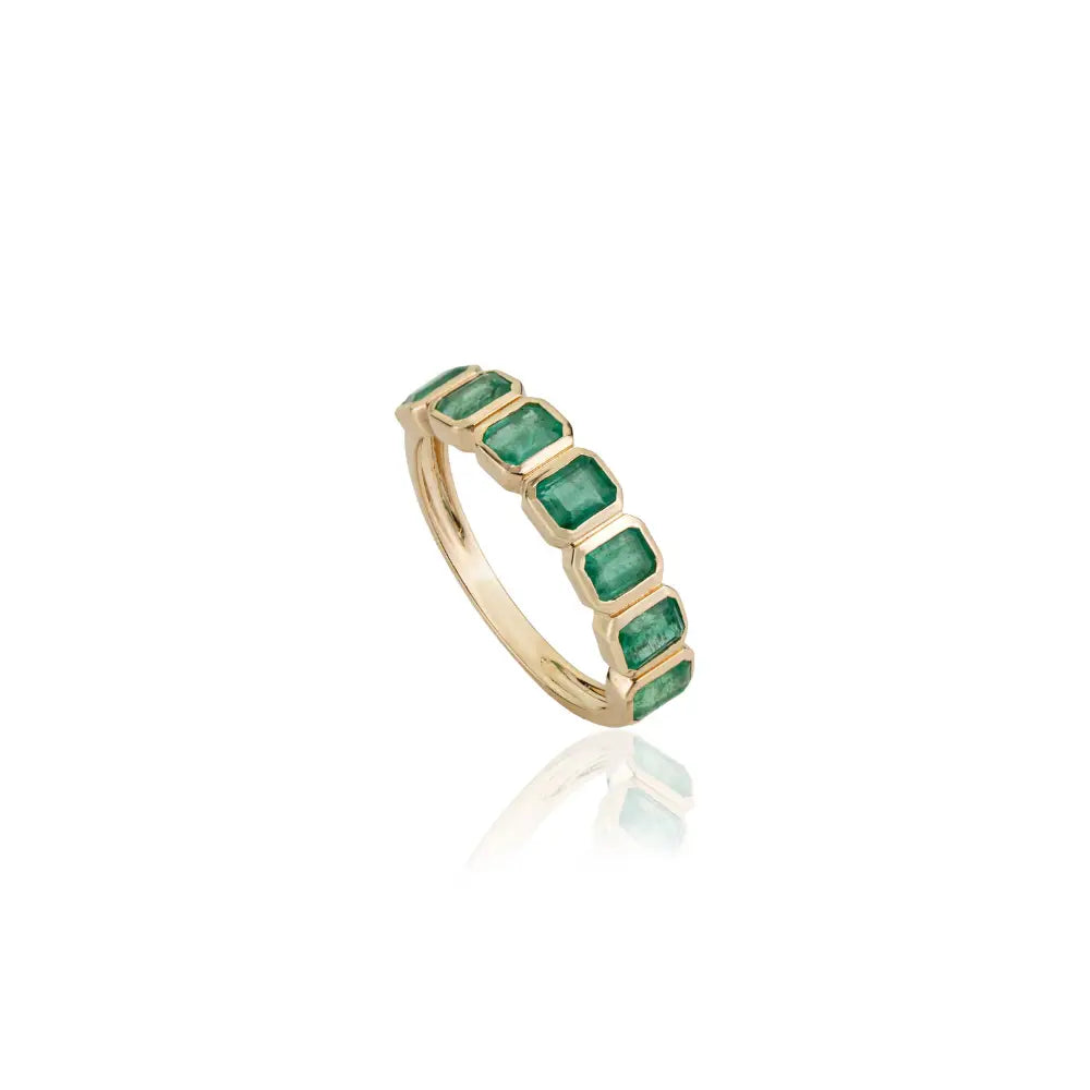 Simple Elegant Design Emerald Gemstone Half Eternity Band Ring K14 Yellow Gold Fine Jewelry