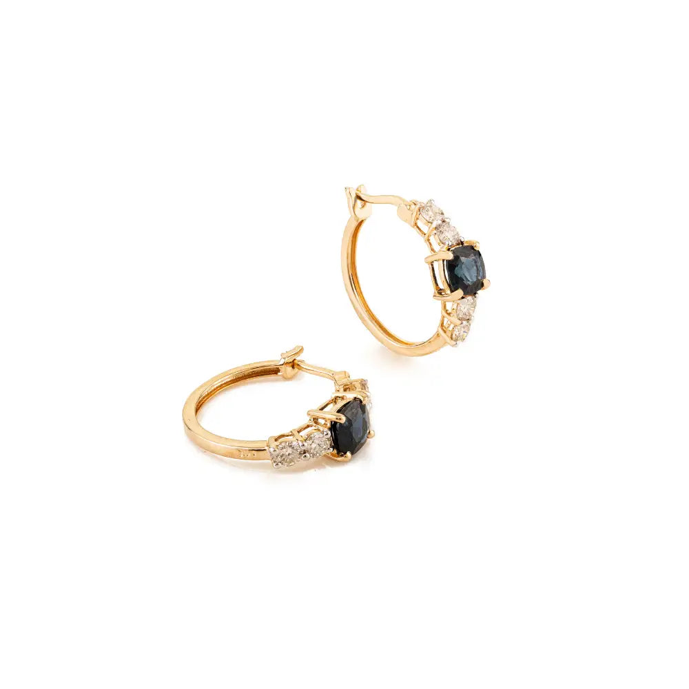 K14 Yellow Gold Cushion Shape Blue Sapphire & Diamond Hoop Earrings Women Gift Jewelry