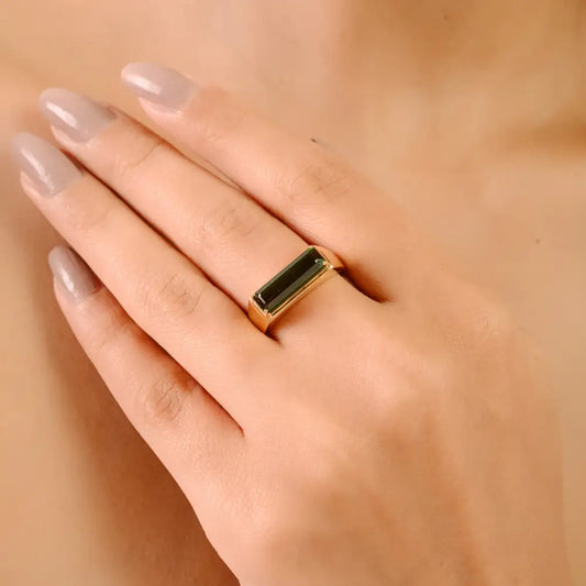 Semi Precious Gemstone Green Tourmaline East West Gemstone Ring K18 Yellow Gold Jewelry