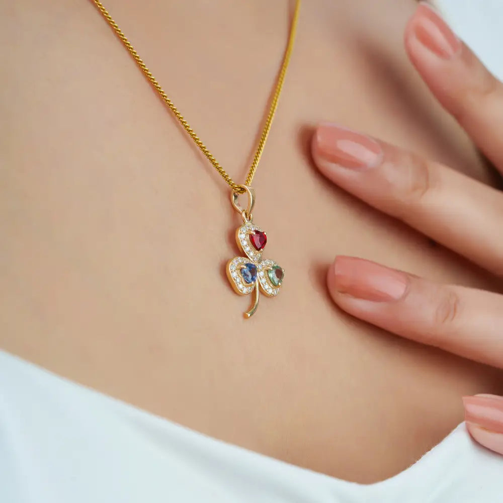 Heart Shape Multi Sapphire Gemstone & Diamond 14K Yellow Gold Three Leaf Clover Pendant