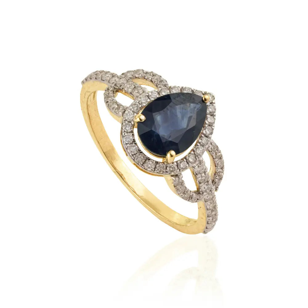 Pear Shape Blue Sapphire & Round Cut Diamond K14 Yellow Gold Statement Ring Newly Jewelry