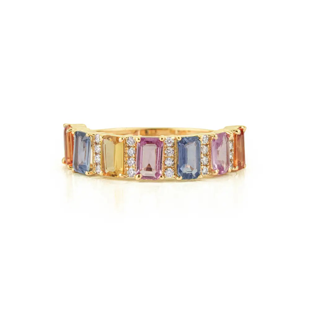 Trending Multi Sapphire & Diamond K14 Yellow Gold Half Eternity Band Ring Custom Jewelry