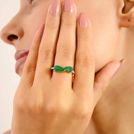 New Design Natural Emerald & Diamond Real 14K Yellow Gold Stackable Gemstone Ring
