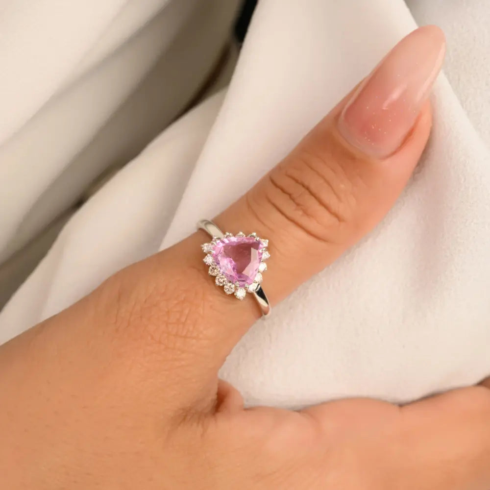 New Arrival 14K Solid White Gold Pink Sapphire & Diamond Pear Shape Ring