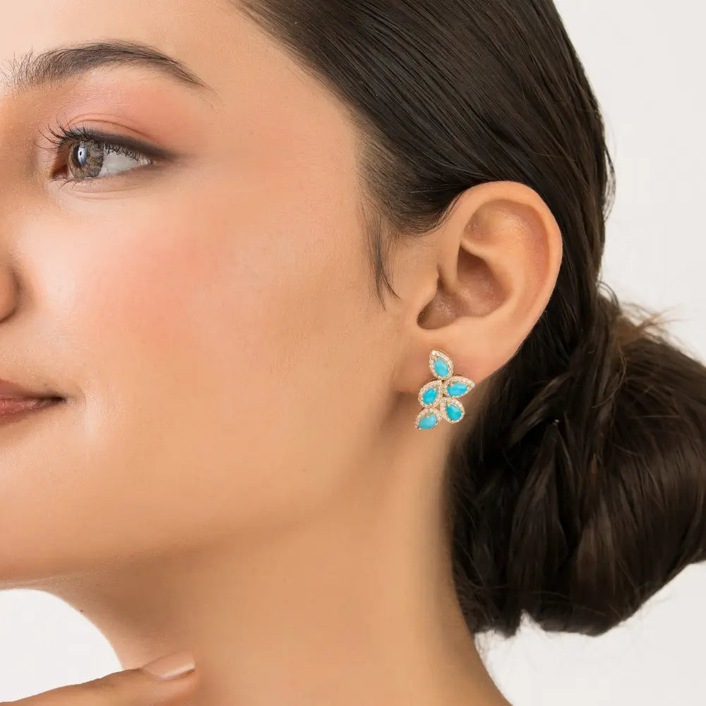 Unique Design Turquoise & Diamond Wings Shape Statement Stud Earrings K14 Real Gold Jewelry